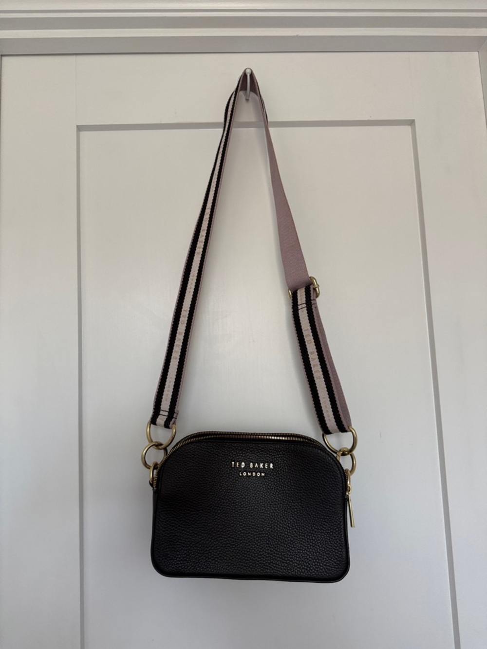 Ted Baker Black Pebbled Leather Crossbody with Pink and Black Striped Strap - Picture 2 of 7